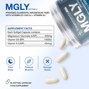 MGLY - 60 Soffgels of Premium Magnesium Glycinate with Vitamin D3 & Vitamin K2
