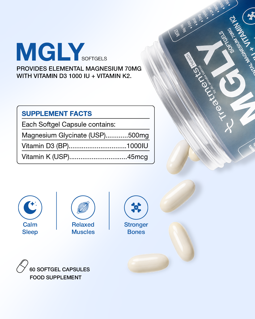 MGLY - 60 Soffgels of Premium Magnesium Glycinate with Vitamin D3 & Vitamin K2