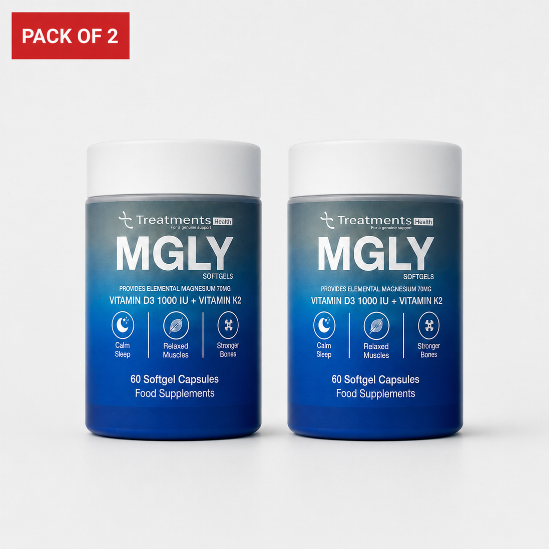 Pack of 2 MGLY - 60 Softgels of Premium Magnesium Glycinate with Vitamin D3 & Vitamin K2