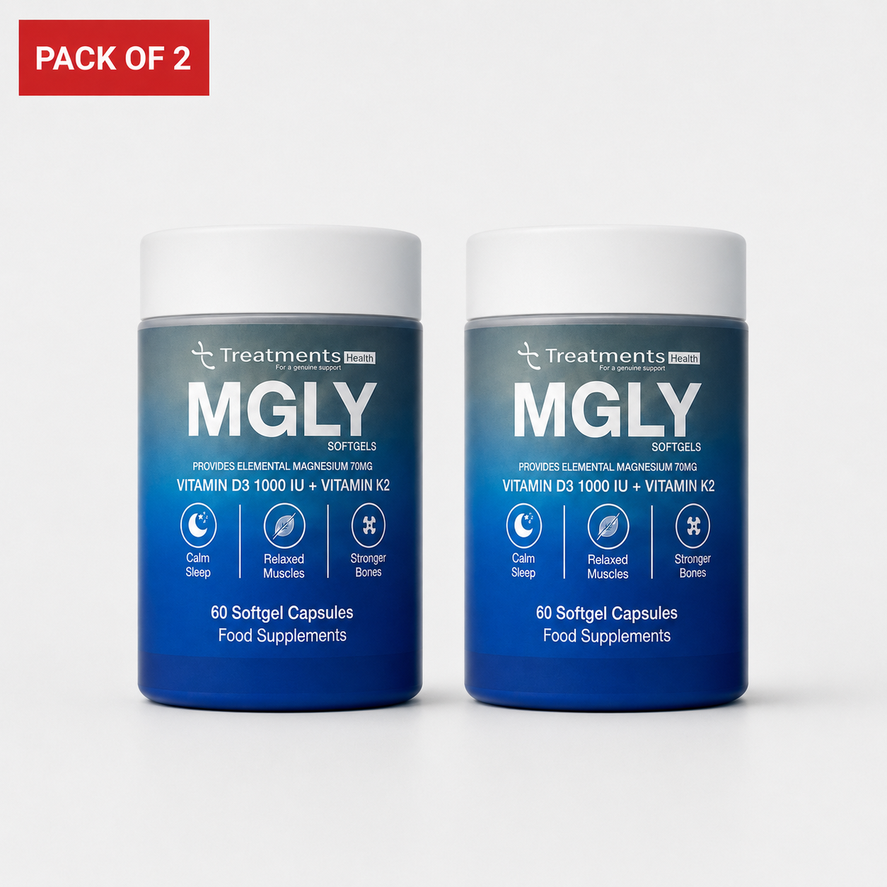 Pack of 2 MGLY - 60 Softgels of Premium Magnesium Glycinate with Vitamin D3 & Vitamin K2